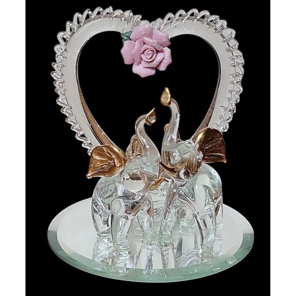 Glass Elephant Figurines W/Heart & Pink Rose Mirror Base Gold Accents Romantic - Picture 1 of 13